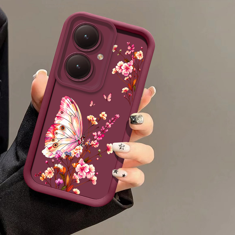 Vivo Y28 - Roze telefoonhoesje met bloemen- en vlinderpatroon